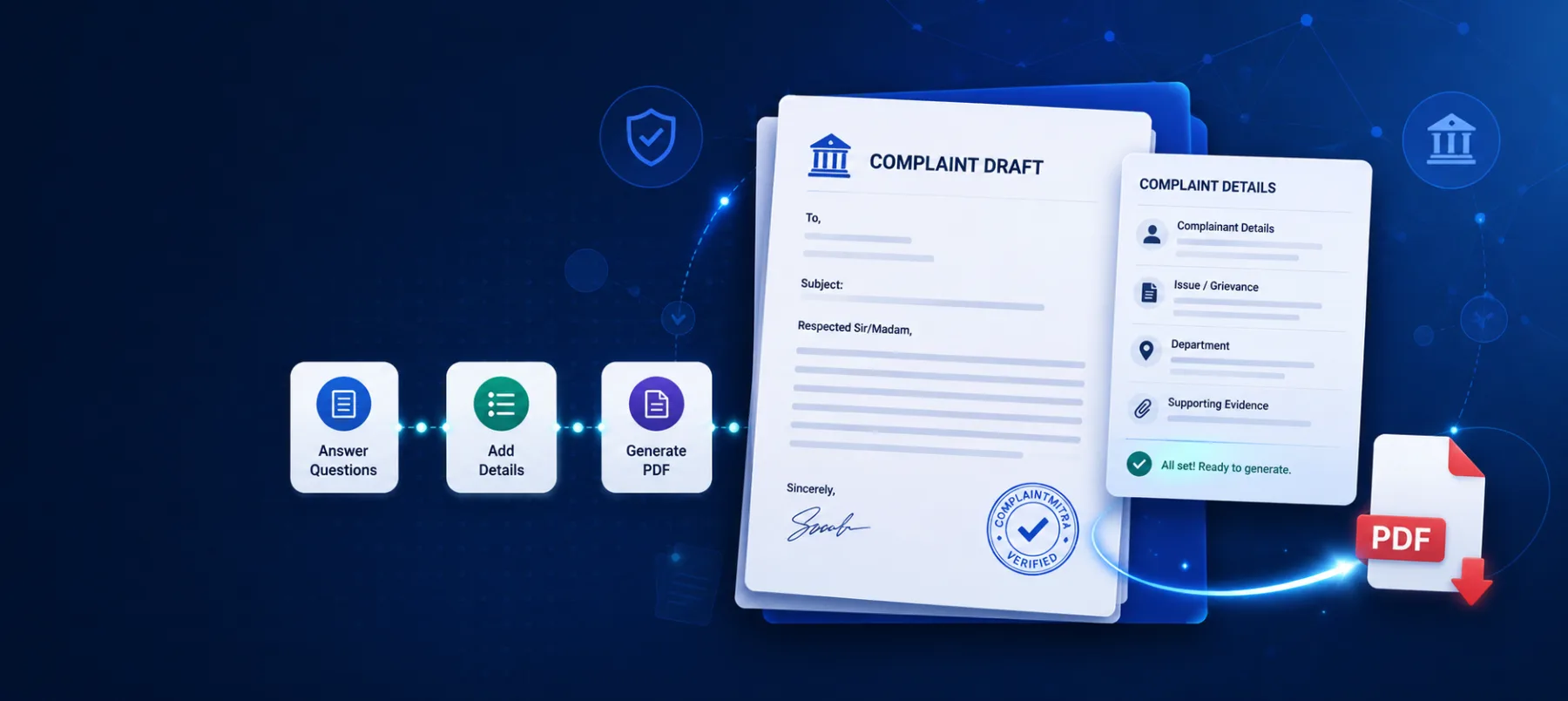 Generate a realistic complaint draft visual banner for ComplaintMitra